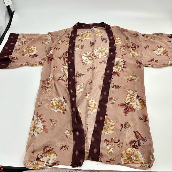 Xhilaration‎ Y2K Sheer Whimsigoth Floral Burgundy Neutral Midi Romantic Kimono S - Picture 2 of 8